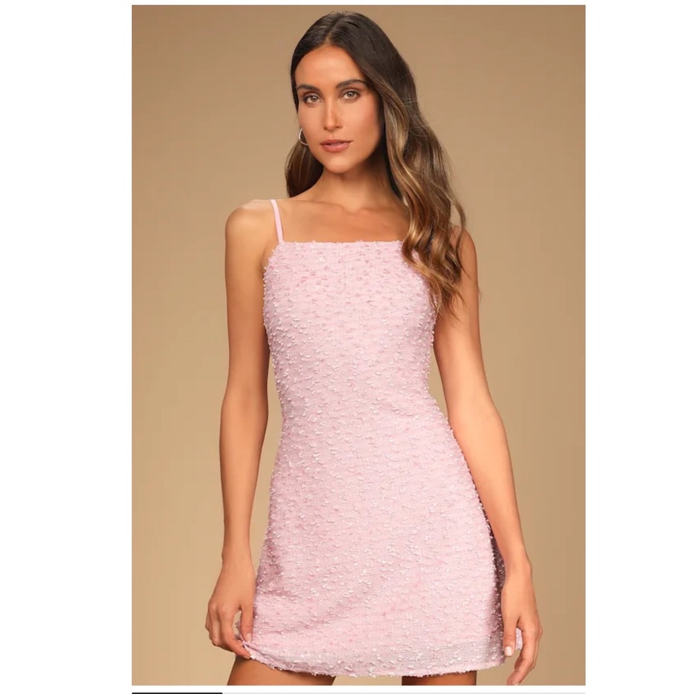 Lulus Pop the Bubbly Pink Preppy Tweed Mini Shift Party Dress Light Pink Sz L - Picture 3 of 14